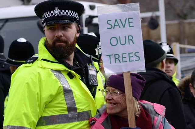 A protester and a police officer at a Sheffield tree-felling site in 2018. Picture: Scott Merrylees