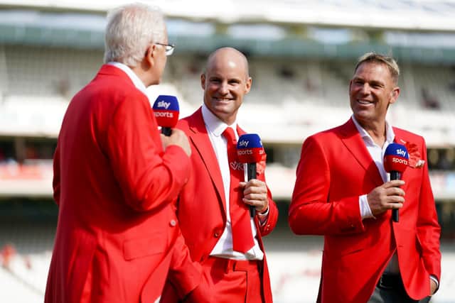 David Gower, Andrew Strauss and Shane Warne wearing red for the Ruth Strauss Foundation. (Picture: John Walton/PA Wire)