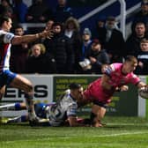 Wakefield Trinity v Leeds Rhinos.
Rhinos Ash Handley scores his first try.
3rd March 2022.
Picture : Jonathan Gawthorpe