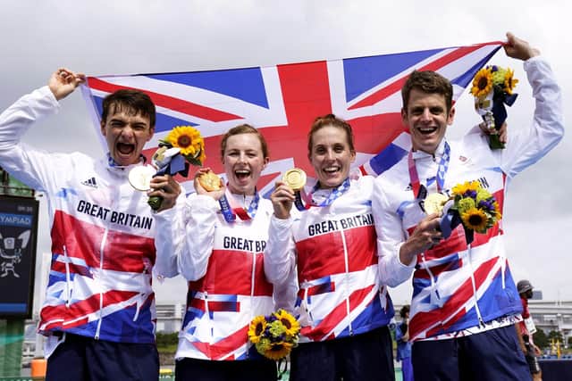 MAGIC MOMENT: Leeds's Jessica Learmonth, second from right, with fellow gold medalists in the mixed team relay at Tokyo 2020 - Alex Yee, Georgia Taylor-Brown,  and Jonathan Brownlee. Picture: Danny Lawson/PA Wire.