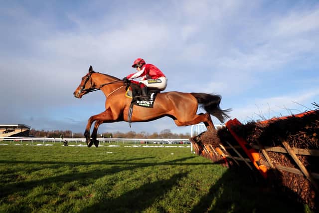 Ballyandy ridden by Sam Twiston-Davies during the New One Unibet Hurdle (Grade 2) at Haydock Park Racecourse. Picture date: Saturday January 23, 2021.