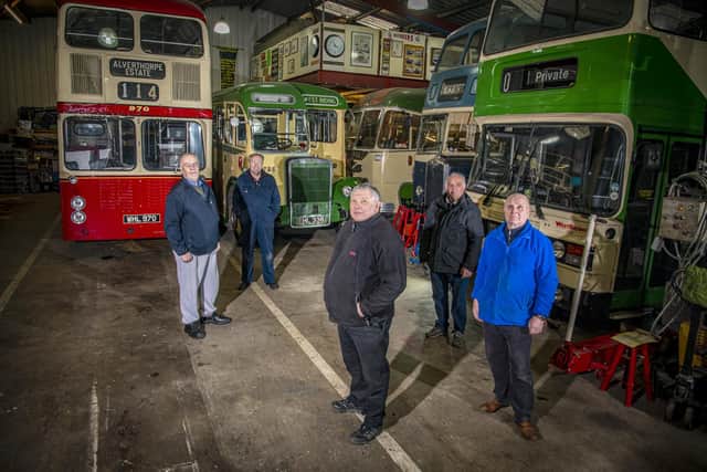 Volunteers Mick Bennett, Mark Byard Andy Beever, Bill Oldroyd, Colin Poole at Dewsbury Bus Museum in Ravensthorpe . Picture Tony Johnson