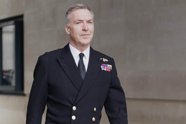 Chief of the defence staff, Admiral Sir Tony Radakin, leaves BBC Broadcasting House in London (PA)