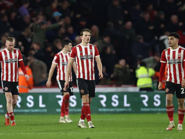 LATE BLOW: Sheffield United's players show their dismay following Nottingham Forest's equaliser at Bramall Lane. Picture: Darren Staples/Sportimage