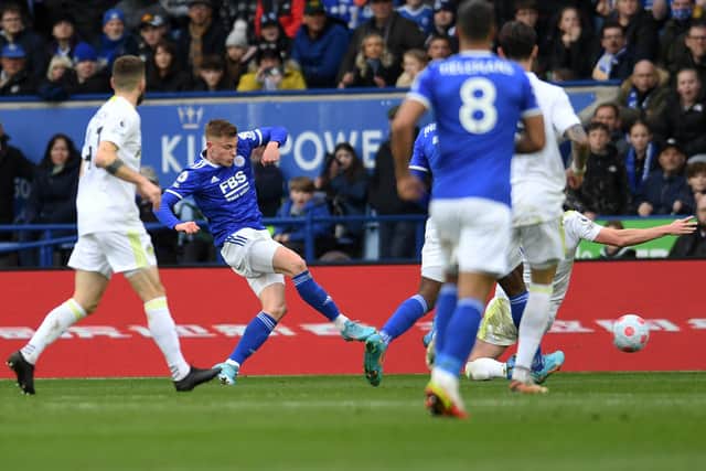 Leicester City's Harvey Barnes scores what proved to be the winning goal against Leeds United 
Picture: Jonathan Gawthorpe