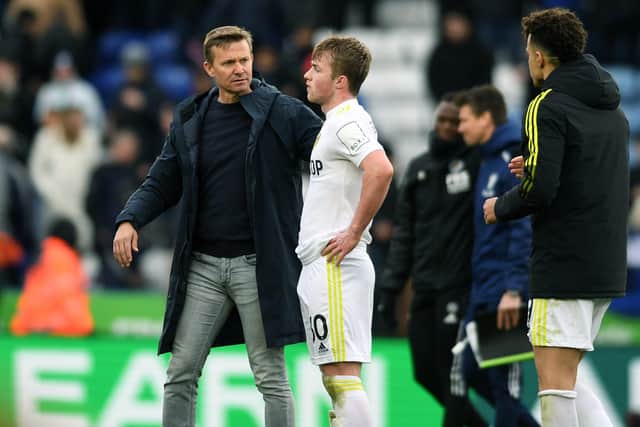 Leeds 
United's new head coach Jesse Marsch.
consoles Joe Gelhardt at the end of the 1-0 defeat to Leicester City 
Picture: Jonathan Gawthorpe