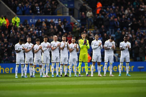 Leeds 
United's players stand together ahead of their Premier League clash at Leicester City in support of Ukraine. 
Picture: Jonathan Gawthorpe