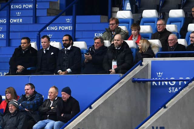 WATCHING ON: Leeds United owner Andrea Radrizzani - left -  chief executive Angus Kinnear and director of football Victor Orta in the stands at Leicester City 
Picture: Jonathan Gawthorpe