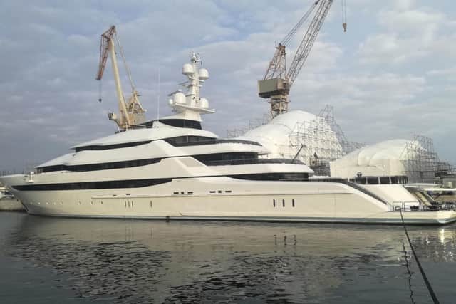 This photo provided Thursday March 3, 2022 by the French Customs shows the yacht Amore Vero docked in the Mediterranean resort of La Ciotat, Wednesday March 2, 2022. French authorities have seized the yacht linked to Igor Sechin, a Putin ally who runs Russian oil giant Rosneft, as part of EU sanctions over Russia's invasion of Ukraine. The boat arrived in La Ciotat on Jan. 3 for repairs and was slated to stay until April 1 and was seized to prevent this attempted departure. (Douane Francaise via AP).