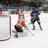 KILLER BLOW: A shot from Kalvis Ozols (out of picture) fires past Sheffield Steelers' goalie Rok Stojanovic to giver Dundee Stars a 2-1 overtime victory on Sunday. Picture: Derek Black/EIHL.