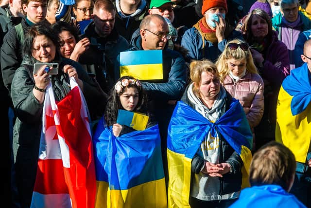 This was a peaceful protest in Sheffield on February 27 in support of Ukraine. Photo: James Hardisty.