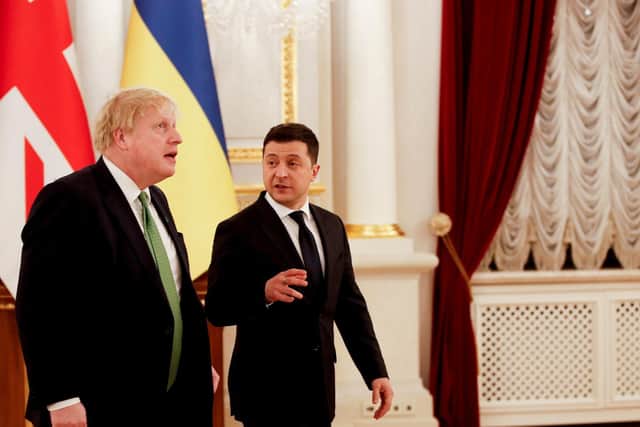 Ukrainian president Volodymyr Zelensky  with Prime Minister Boris Johnson at the start of Feburary