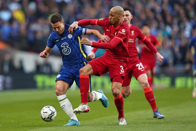 Liverpool's Fabinho battles with Chelsea's Cesar Azpilicueta during the Carabao Cup Final at Wembley Picture: Marc Atkins/Getty Images