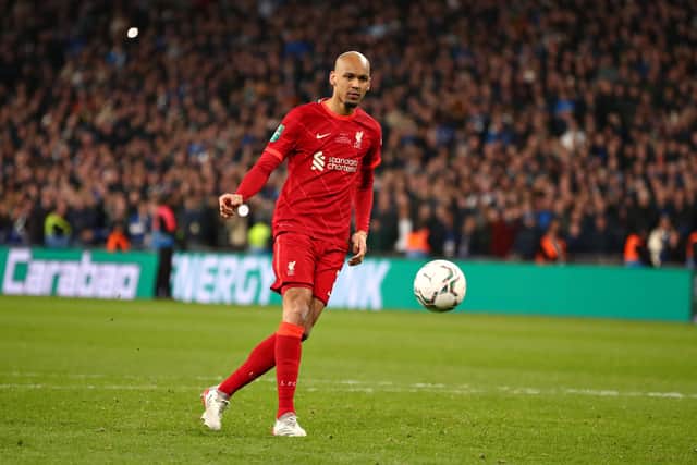 Liverpool's Fabinho scores his side's second penalty in the the Carabao Cup Final against Chelsea at Wembley Picture: Chris Brunskill/Fantasista/Getty Images