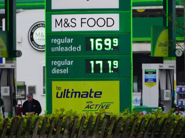 Fuel prices displayed at a BP service station on the M4 in Gloucestershire last week