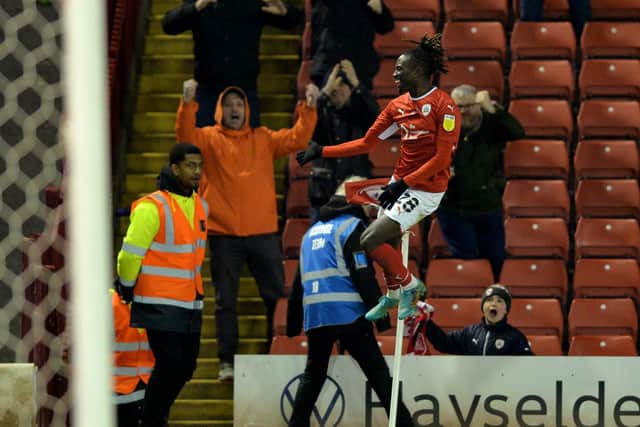Domingos Bassi celebrates his brilliant goal for Barnsley versus Stoke. Picture: Bruce Rollinson.