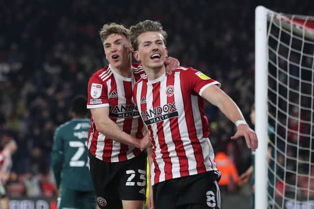 Sander Berge celebrates his goal for Sheffield United. Picture: Isaac Parkin / Sportimage