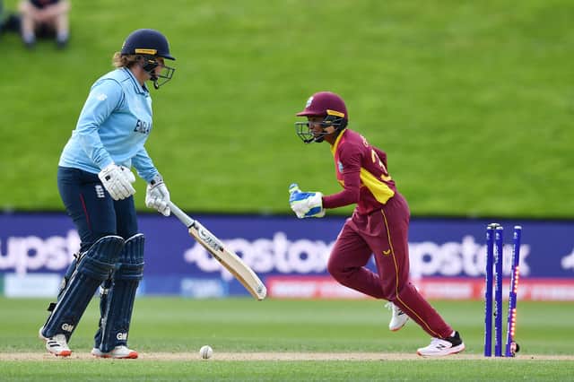 England's Anya Shrubsole reacts after she is clean-bowled by West Indies' Anisa Mohammed  in Dunedin Picture: Sanka Vidanagama/AFP via Getty Images