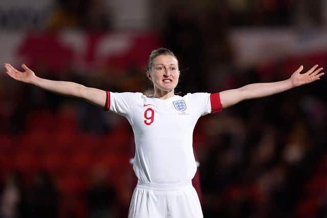 England's Ellen White celebrating scoring as England won 20-0 against Latvia in their Women's World Cup qualifying match in Doncaster. The Lionesses are headed to Leeds in June (Picture: Tim Goode/PA Wire)