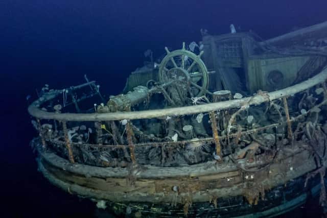 The taffrail, ship's wheel and aft well deck on the wreck of Endurance, Sir Ernest Shackleton's ship which has not been seen since it was crushed by the ice and sank in the Weddell Sea in 1915. Falklands Maritime Heritage Trust/National Geographic/PA Wire