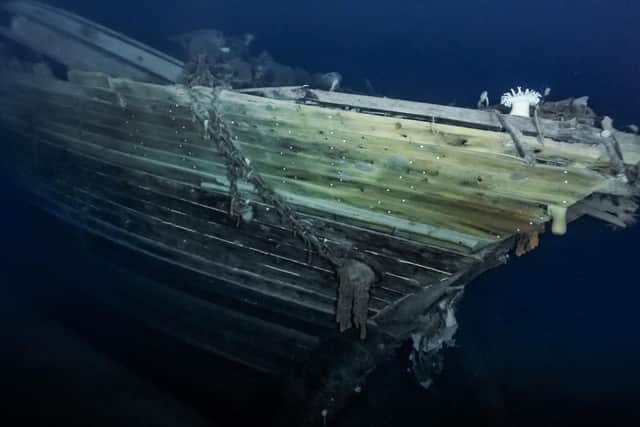 the standard bow on the wreck of Endurance, found within the search area defined by the expedition team before its departure from Cape Town, and approximately four miles south of the position originally recorded by Captain Worsley. Falklands Maritime Heritage Trust/National Geographic/PA Wire