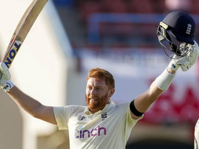 He's ton it: Jonny Bairstow's bat says it all as the Yorkshireman celebrates his century against the Windies.
(AP Photo/Ricardo Mazalan)