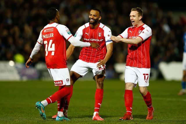 Rotherham United's Mickel Miller celebrates with team-mates after scoring their team's final penalty during the Papa John's Trophy semi final match at Victoria Park, Hartlepool (Picture: Will Matthews/PA Wire)