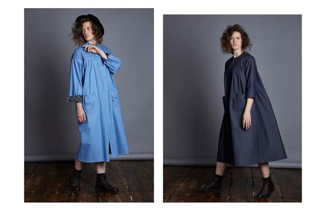 The Honeycomb in a lighter blue denim, left, and right, The Smockworks Mayfield dress in Midnight, £550.