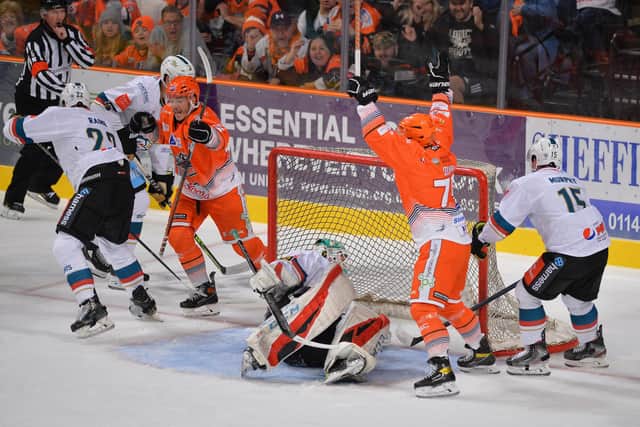 Sheffield Steelers' Tanner Eberle and Robert Dowd celebrate during their 7-1 win over Belfast Giants back in November. Picture: Dean Woolley/EIHL.