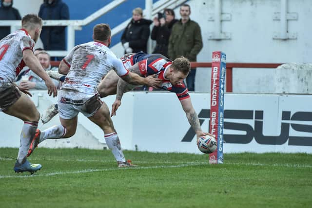 12 January 2020, Mobile Rocket Stadium, Wakefield, UK, Rugby League, Danny Brough Testimonial, Wakefield Trinity v Hull kingston Rovers :Tom Johnstone scores a trademark try in his first match since a long injury lay off.  Credit: Dean Williams
