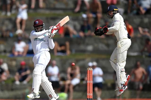 Leading man: West Indies’ Nkrumah Bonner on his way to a century is watched by England wicketkeeper Ben Foakes. (Picture: Getty Images)