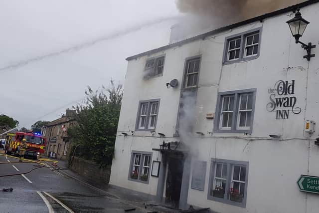 Fire crews battling the blaze at The Old Swan Inn at Gargrave
