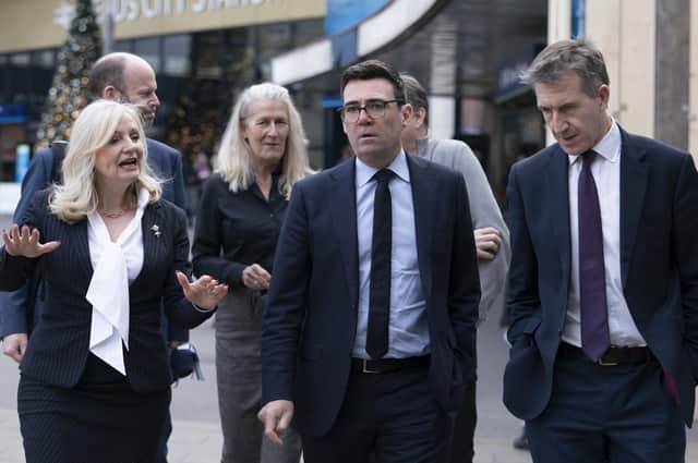 Transport for the North board members West Yorkshire Tracy Brabin, Mayor of Greater Manchester Andy Burnham and Mayor of South Yorkshire Dan Jarvis, outside Leeds Railway Station