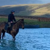This is Gary Rutherford aboard Cheltenham Gold Cup contender Aye Right in the Scottish Borders.