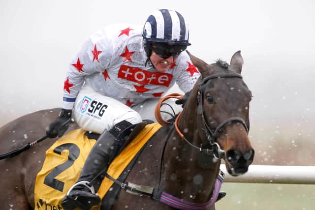 This was Aye Right and Callum Bewley winning Newcastle's Rehearsal Chase. Photo: Newcastle Racecourse.