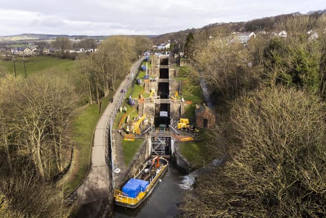 Engineers from the Canal and River Trust replace Britain's tallest set of lock gates at Bingley Five Rise Locks, West Yorkshire, as part of a four-month, £55 million winter works programme by the charity across its 2,000 miles network of canals and rivers in England and Wales. .Photo : Danny Lawson/PA Wire