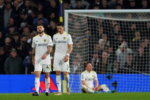 Dejected Leeds players after Villa's third goal. (Picture: Jonathan Gawthorpe)