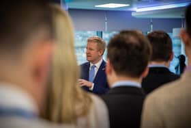 Tory chairman Oliver Dowden addressing staff at the party's new headquarters in Leeds