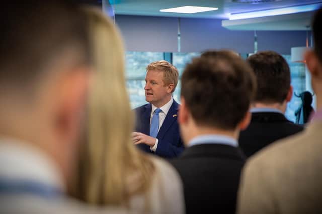 Tory chairman Oliver Dowden addressing staff at the party's new headquarters in Leeds