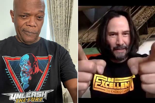 Samuel L Jackson and Keanu Reeves in the Retro Design Co t-shirts