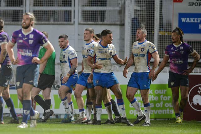 Corey Hall celebrates his try.
Wakefield Trinity v Toulouse Olympique. BetFred SuperLeague.  Belle View. BeWell Support Stadium.
11 March 2022.  Picture Bruce Rollinson