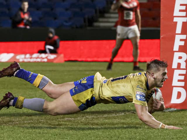 Picture by Paul Currie/SWpix.com - 11/03/2022 - Rugby League - Betfred Super League Round 5 - Salford Red Devils v Hull KR - AJ Bell Stadium, Salford, England - Hull Kingston Rovers' Mikey Lewis scores the 4th try