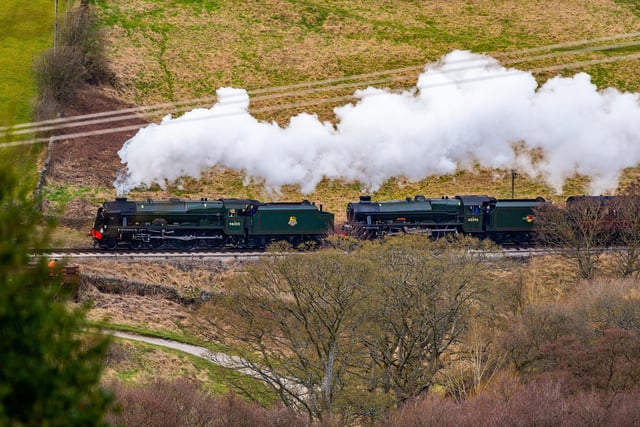 The pulling power of two stream trains, front the LMS Class Royal Scot No.46100, and the London Midland & Scottish Railway 5XP Jubilee Class 4-6-0 No.45596 Bahamas heading back towards Oxenhope Station.