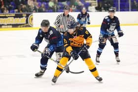 Sheffield Steeldogs' Louie Newell battles for possession in Saturday's 4-1 win at home to Raiders. Picture copurtesy of Peter Best/Steeldogs Media.