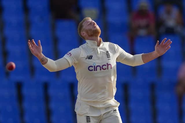 England's Ben Stokes gestures after a delivery to West Indies' Nkrumah Bonner during day five of their first cricket Test match at the Sir Vivian Richards Cricket Ground in North Sound, Antigua and Barbuda, Saturday, March 12, 2022. (AP Photo/Ricardo Mazalan)