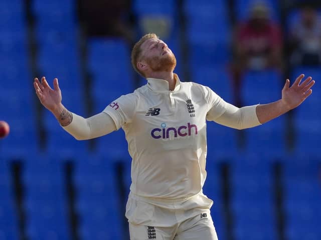 England's Ben Stokes gestures after a delivery to West Indies' Nkrumah Bonner during day five of their first cricket Test match at the Sir Vivian Richards Cricket Ground in North Sound, Antigua and Barbuda, Saturday, March 12, 2022. (AP Photo/Ricardo Mazalan)