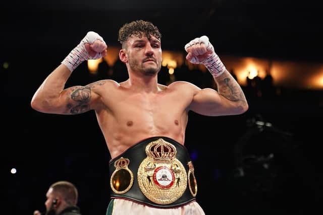 Leigh Wood celebrates victory over Michael Conlan after their WBA Featherweight World Title contest at the Motorpoint Arena, Nottingham. (Picture: PA)