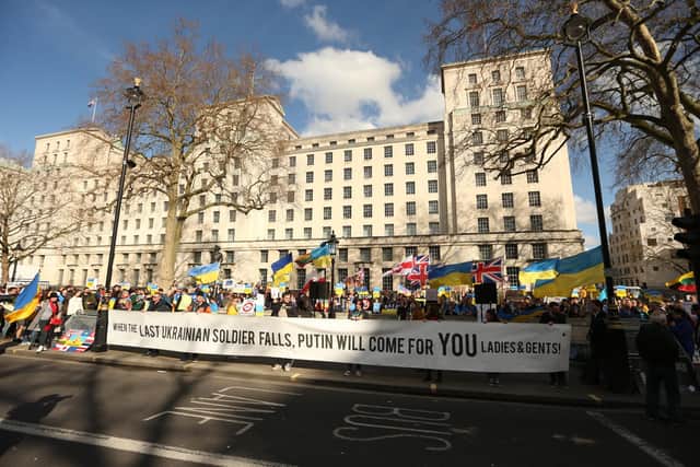 Library image of a demonstration outside Downing Street, to show solidarity with Ukraine following the invasion by Russia.