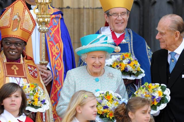 Dr John Sentamu, the then Archbishop of York, with the Queen and Duke of Edinburgh at the Maundy Thursday service in York in 2012.