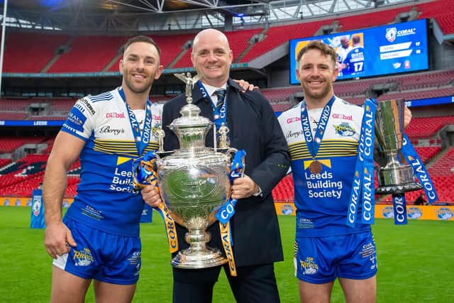 Leeds's captain Luke Gale with head coach Richard Agar and the Lance Todd Trophy winning man of the match Richie Myler after their side defeated Salford in the 2020 Challenge Cup final. Picture: Allan McKenzie/SWpix.com